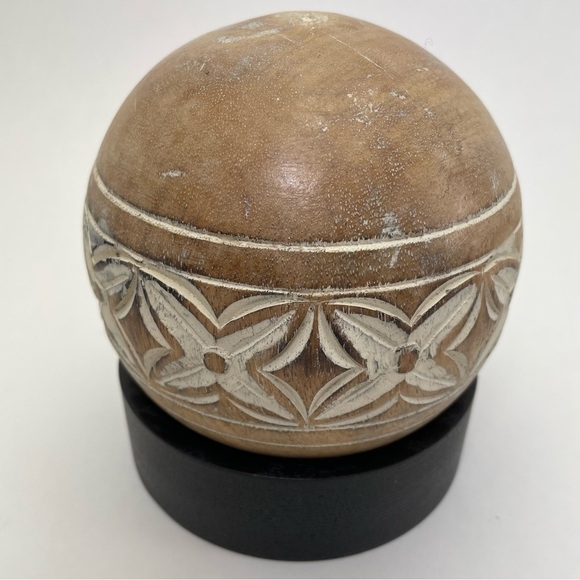 Carved Wooden Sphere Ball on Stand - Picture 9 of 9